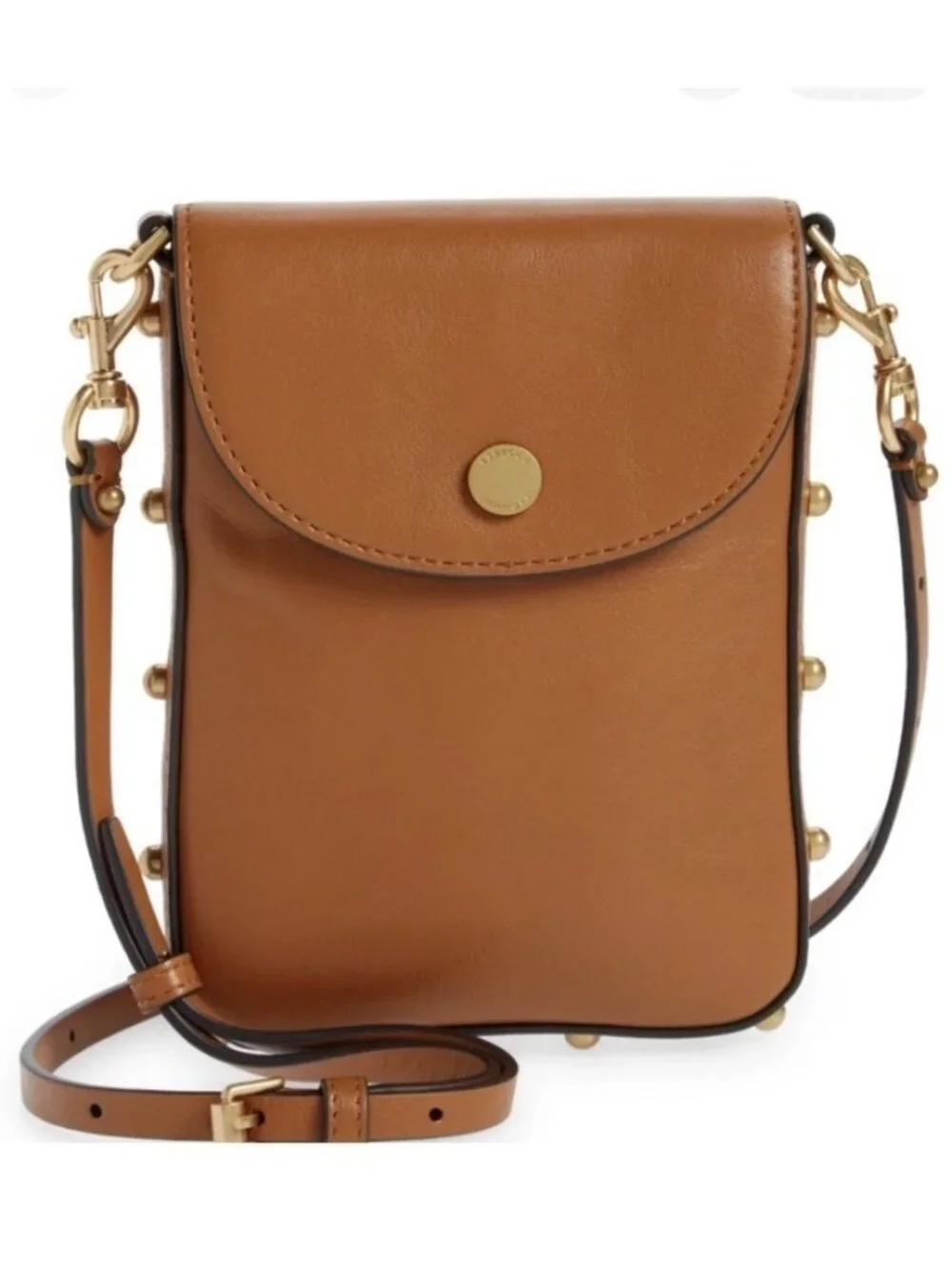 Rebecca Minkoff brown leather crossbody phone gold studded bag travel